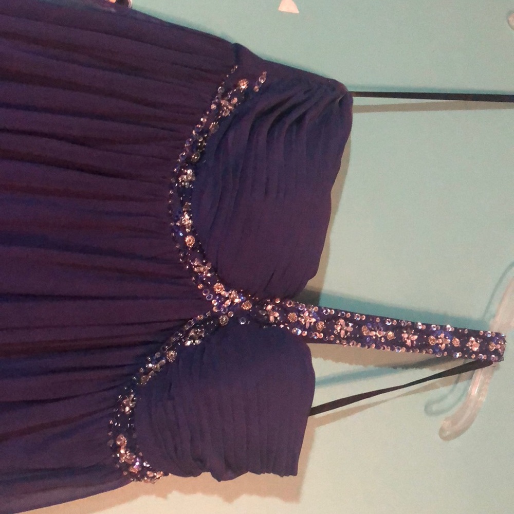 purple single beaded strapped prom dress